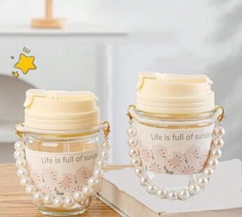 Cute Glass Water Cup with Pearl Bracelet Straw